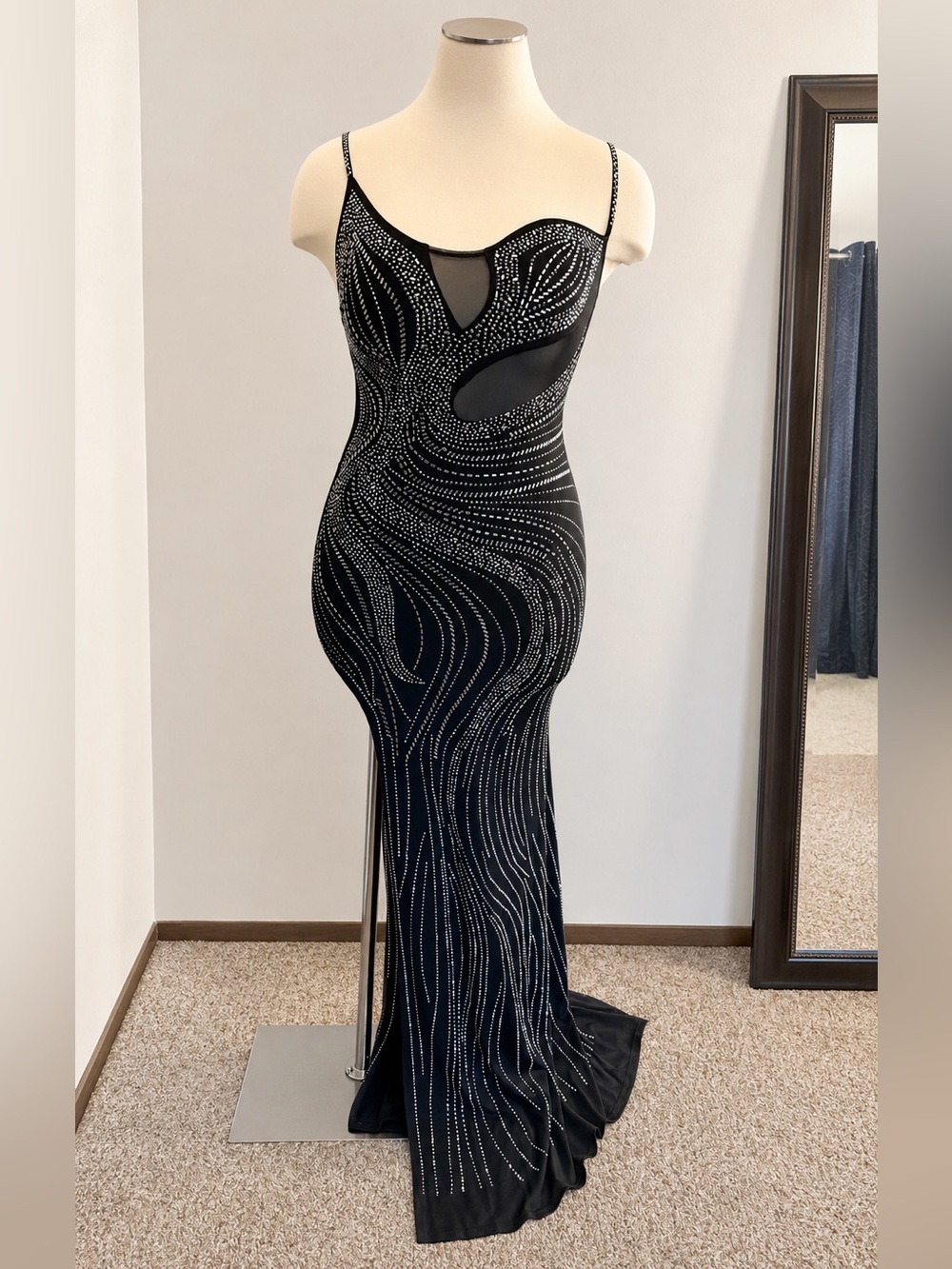 Black Embellished Mesh Panel Evening Gown - Picture 2 of 2